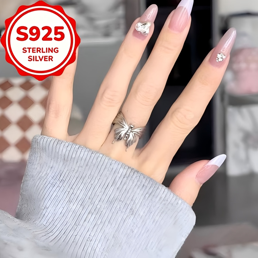 S925 Silver Vintage Brushed Butterfly Open Ring